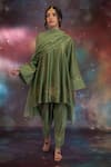 Buy_Kacha Tanka_Olive Green Chanderi Embroidery V-neck Rooh A-line Kurta Set _at_Aza_Fashions