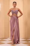 Buy_One Knot One By Ashna_Purple Crepe, Silk Satin Embroidery Sweetheart Neck Blouse And Drape Skirt Set _at_Aza_Fashions