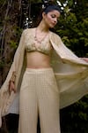 Nikasha_Cream Silk Sequins Round , Scoop Janeman Floral Print Cape Pant Set _Online_at_Aza_Fashions