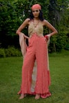 Buy_Nikasha_Coral Silk Beads Halter , Open Janeman Embellished Jumpsuit With Cape _at_Aza_Fashions