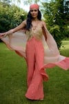 Buy_Nikasha_Coral Silk Beads Halter , Open Janeman Embellished Jumpsuit With Cape _Online_at_Aza_Fashions