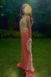 Buy_Nikasha_Coral Silk Beads Halter , Open Janeman Embellished Jumpsuit With Cape 