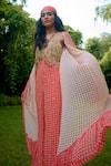 Shop_Nikasha_Coral Silk Beads Halter , Open Janeman Embellished Jumpsuit With Cape 