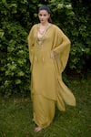 Buy_Nikasha_Olive Green Silk Beads V-neck Mehbooba Printed Kaftan Skirt Set _at_Aza_Fashions