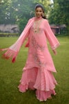 Shop_Nikasha_Pink Georgette Embroidery, Fringe Round Neck Dilkush Floral Kurta Sharara Set _Online_at_Aza_Fashions