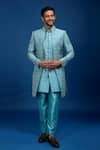Arihant Rai Sinha_Cobalt Silk, Polyester Embroidery, Sequins Sherwani Set _at_Aza_Fashions