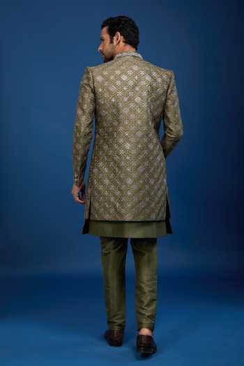 Shop_Arihant Rai Sinha_Green Silk Embroidery Butti Sherwani Set _at_Aza_Fashions