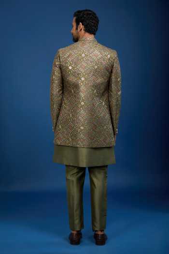 Shop_Arihant Rai Sinha_Green Silk Embroidery, Zari Butti Sherwani Set _at_Aza_Fashions
