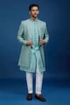 Arihant Rai Sinha_Blue Silk, Dupion Embroidery Jaal Sherwani Set _Online_at_Aza_Fashions