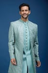 Shop_Arihant Rai Sinha_Blue Silk, Dupion Embroidery Jaal Sherwani Set _Online_at_Aza_Fashions