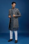 Buy_Arihant Rai Sinha_Gray Silk, Dupion Embroidery Jaal Sherwani Set _Online_at_Aza_Fashions