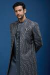 Shop_Arihant Rai Sinha_Gray Silk, Dupion Embroidery Jaal Sherwani Set _Online_at_Aza_Fashions