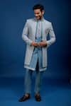 Buy_Arihant Rai Sinha_Gray Silk, Dupion Embroidery Jaal Sherwani Set _at_Aza_Fashions