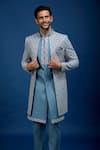 Arihant Rai Sinha_Gray Silk, Dupion Embroidery Jaal Sherwani Set _at_Aza_Fashions