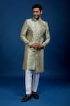 Shop_Arihant Rai Sinha_Green Silk, Dupion Embroidery Floral Pattern Sherwani With Pant _Online_at_Aza_Fashions