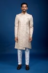 Buy_Arihant Rai Sinha_Beige Silk, Dupion Floral Butti Pattern Sherwani With Pant _Online_at_Aza_Fashions