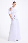 Gauri & Nainika_White Poplin, Cotton Embroidery, Cold Shoulder Ruffle Top With Wide Legged Pant _Online_at_Aza_Fashions