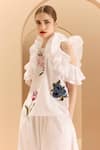 Gauri & Nainika_White Poplin, Cotton Embroidery, Cold Shoulder Ruffle Top With Wide Legged Pant _at_Aza_Fashions
