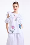 Buy_Gauri & Nainika_White Poplin, Cotton Embroidery, Cold Shoulder Ruffle Top With Wide Legged Pant 