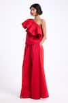 Gauri & Nainika_Red Cotton Ruffles One Shoulder Horse Hair Top With Wide Leg Pant _Online_at_Aza_Fashions