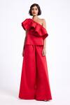 Shop_Gauri & Nainika_Red Cotton Ruffles One Shoulder Horse Hair Top With Wide Leg Pant _Online_at_Aza_Fashions