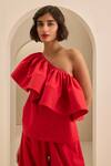 Gauri & Nainika_Red Cotton Ruffles One Shoulder Horse Hair Top With Wide Leg Pant _at_Aza_Fashions