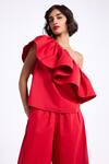 Buy_Gauri & Nainika_Red Cotton Ruffles One Shoulder Horse Hair Top With Wide Leg Pant 