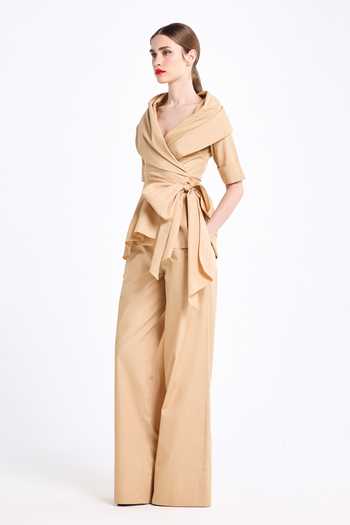 Gauri & Nainika_Brown Poplin Shawl Neck Collar Wrap Top With Straight Fit Pant _Online_at_Aza_Fashions