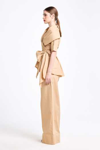 Buy_Gauri & Nainika_Brown Poplin Shawl Neck Collar Wrap Top With Straight Fit Pant _Online_at_Aza_Fashions