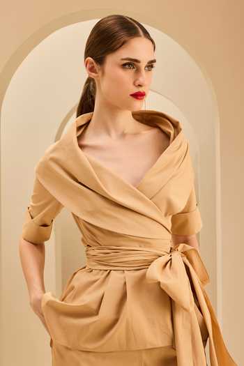 Shop_Gauri & Nainika_Brown Poplin Shawl Neck Collar Wrap Top With Straight Fit Pant _Online_at_Aza_Fashions