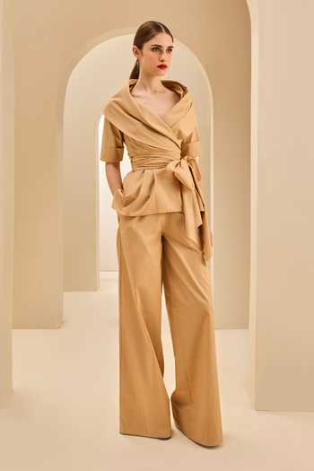 Buy_Gauri & Nainika_Brown Poplin Shawl Neck Collar Wrap Top With Straight Fit Pant _at_Aza_Fashions