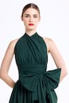 Gauri & Nainika_Green Cotton Bows Halter Neck Draped Midi Dress _at_Aza_Fashions