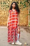 Jajobaa_Red Silk Embroidery V-neck Floral Geometrical Dress _at_Aza_Fashions