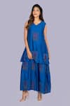 Buy_Jajobaa_Blue Silk Embroidery V-neck Geometrical Print Layered Dress _at_Aza_Fashions
