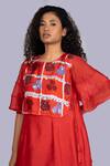 Shop_Jajobaa_Red Maheshwari Sequins, Pearls Round Neck Floral Geometric Print Kurta Set _Online_at_Aza_Fashions