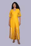 Buy_Jajobaa_Yellow Silk Embroidery V-neck Contrast Jumpsuit _at_Aza_Fashions