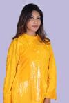 Jajobaa_Yellow Velvet, Silk Patchwork Round Neck Ochre Tunic And Pant Set _at_Aza_Fashions