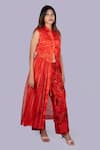 Jajobaa_Red Organza, Silk Patchwork High Neck Translucent Gathered Jacket And Pant Set _Online_at_Aza_Fashions