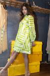 Jajobaa_Green Silk, Linen High Neck Geometrical Print Dress _Online_at_Aza_Fashions