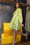Buy_Jajobaa_Green Silk, Linen High Neck Geometrical Print Dress _Online_at_Aza_Fashions