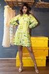Shop_Jajobaa_Green Silk, Linen High Neck Geometrical Print Dress _Online_at_Aza_Fashions