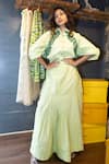 Buy_Jajobaa_Green Denim Embroidery, Pearls High Neck Shirt And A-line Skirt Set _Online_at_Aza_Fashions