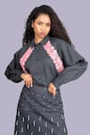 Shop_Jajobaa_Black Denim Embroidery High Neck Shirt And A Line Skirt Set _Online_at_Aza_Fashions