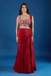 Shop Samyukta Singhania Red Chinon Embroidery, Sequins Leaf Neck Blouse With Pre-draped Saree Online at Aza Fashions Shop_Samyukta Singhania_Red Chinon Embroidery, Sequins Leaf Neck Blouse With Pre-draped Saree _Online_at_Aza_Fashions