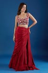 Buy Samyukta Singhania Red Chinon Embroidery, Sequins Leaf Neck Blouse With Pre-draped Saree at Aza Fashions Buy_Samyukta Singhania_Red Chinon Embroidery, Sequins Leaf Neck Blouse With Pre-draped Saree _at_Aza_Fashions