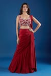 Samyukta Singhania Red Chinon Embroidery, Sequins Leaf Neck Blouse With Pre-draped Saree at Aza Fashions Samyukta Singhania_Red Chinon Embroidery, Sequins Leaf Neck Blouse With Pre-draped Saree _at_Aza_Fashions