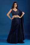 Buy_Samyukta Singhania_Blue Chinon Embroidery, Sequins Leaf Neck Blouse With Pre-draped Saree _Online_at_Aza_Fashions