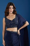 Shop_Samyukta Singhania_Blue Chinon Embroidery, Sequins Leaf Neck Blouse With Pre-draped Saree _Online_at_Aza_Fashions