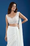 Shop_Samyukta Singhania_Ivory Chinon Cut Work, Sequins Leaf Embroidered Blouse With Pre-draped Saree _Online_at_Aza_Fashions