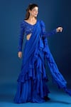 Buy_Samyukta Singhania_Blue Chinon Embroidery V-neck Blouse With Ruffled Pre-draped Saree _Online_at_Aza_Fashions